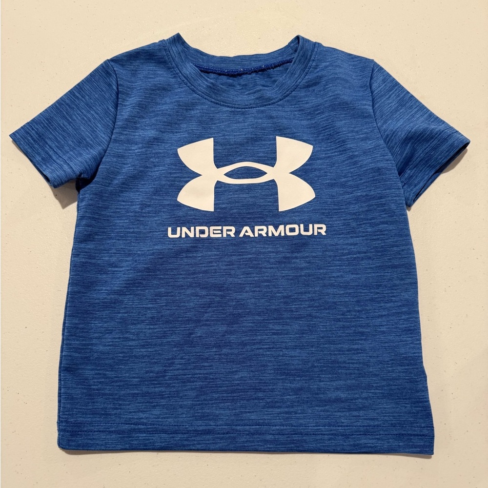 Under Armour Boys Blue Heather Short Sleeve Tee with White Logo